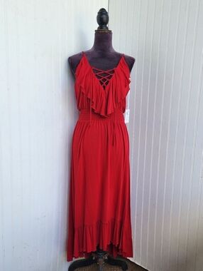 NWT Go Coco Rayon Jersey Stretch Maxi Dress Red Ruffle Lace V-Neck Sz XL